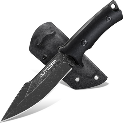 Outgear Fixed Blade Knife 9.2cm D2 Steel – Full Tang Hunting Knife with G10 Handle & Kydex Sheath – Black Tactical Survival Gear
