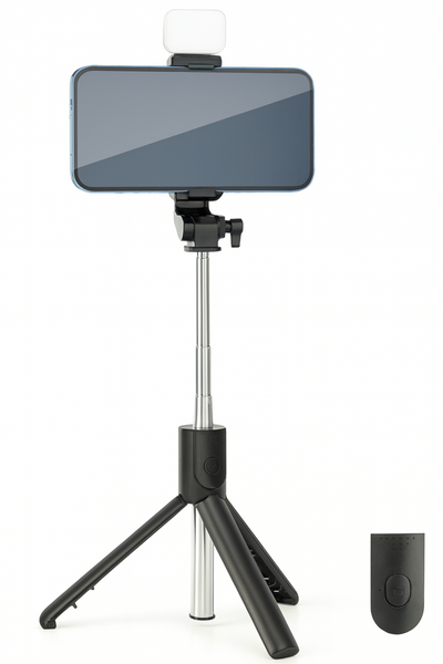 Selfie Stick Tripod 71cm Stainless Steel – Wireless Bluetooth Remote + LED Fill Light