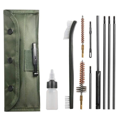 10‑Piece Rifle Cleaning Kit .22/.223/5.56 – Steel Rods, Brass & Nylon Brushes in Green Belt‑Pouch