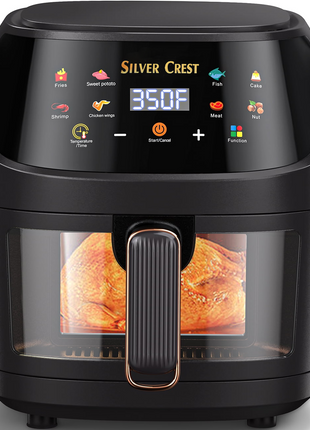 Silver Crest  Air Fryer – XXL Capacity, Visible Viewing Window, 8 Preset Functions, Non-Stick Basket, 1400W Power, for 3–6 People - Black