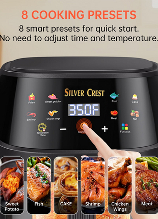 Silver Crest  Air Fryer – XXL Capacity, Visible Viewing Window, 8 Preset Functions, Non-Stick Basket, 1400W Power, for 3–6 People - Black