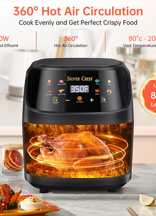 Silver Crest  Air Fryer – XXL Capacity, Visible Viewing Window, 8 Preset Functions, Non-Stick Basket, 1400W Power, for 3–6 People - Black