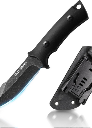Outgear Fixed Blade Knife 9.2cm D2 Steel – Full Tang Hunting Knife with G10 Handle & Kydex Sheath – Black Tactical Survival Gear