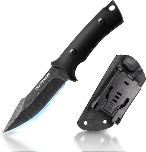 Outgear Fixed Blade Knife 9.2cm D2 Steel – Full Tang Hunting Knife with G10 Handle & Kydex Sheath – Black Tactical Survival Gear