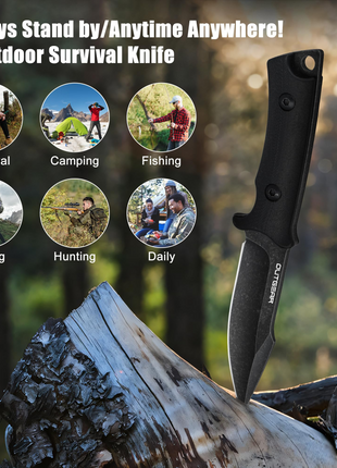 Outgear Fixed Blade Knife 9.2cm D2 Steel – Full Tang Hunting Knife with G10 Handle & Kydex Sheath – Black Tactical Survival Gear