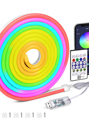 LED Neon Rope Light 5m RGB IC – Smart App + Remote Control – IP68 Silicone Strip with USB – Flexible Ambient Lighting