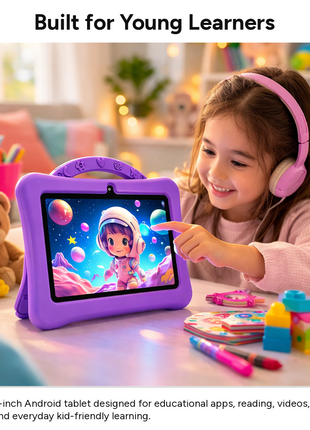 7-Inch Kids Android Tablet 2-in-1 Learning Device with Stylus, Stand Holder, Dual Camera, Wi-Fi, Bluetooth, 128GB Storage, Type-C Charging
