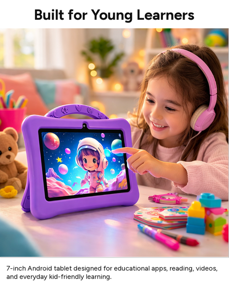 7-Inch Kids Android Tablet 2-in-1 Learning Device with Stylus, Stand Holder, Dual Camera, Wi-Fi, Bluetooth, 128GB Storage, Type-C Charging