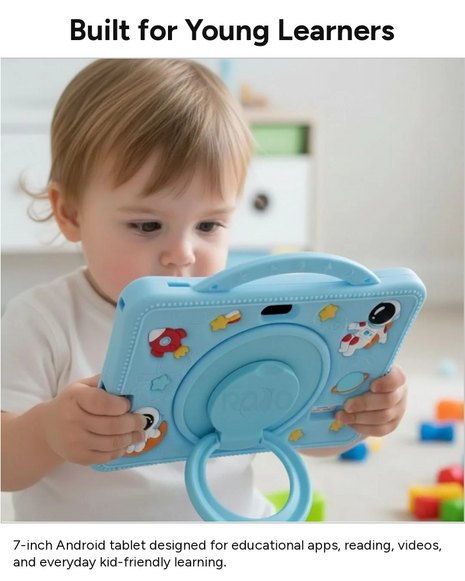 7-Inch Kids Android Tablet 2-in-1 Learning Device with Stylus, Stand Holder, Dual Camera, Wi-Fi, Bluetooth, 128GB Storage, Type-C Charging Blue