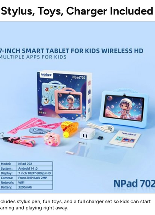 7-Inch Kids Android Tablet 2-in-1 Learning Device with Stylus, Stand Holder, Dual Camera, Wi-Fi, Bluetooth, 128GB Storage, Type-C Charging Blue