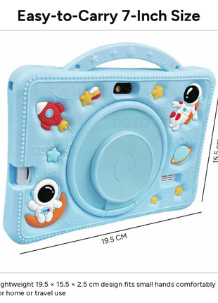 7-Inch Kids Android Tablet 2-in-1 Learning Device with Stylus, Stand Holder, Dual Camera, Wi-Fi, Bluetooth, 128GB Storage, Type-C Charging Blue