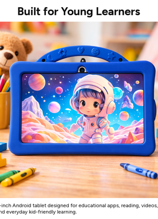 7-Inch Kids Android Tablet 2-in-1 Learning Device with Stylus, Stand Holder, Dual Camera, Wi-Fi, Bluetooth, 128GB Storage, Type-C Charging Navy
