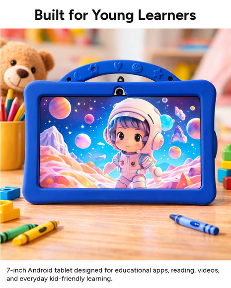 7-Inch Kids Android Tablet 2-in-1 Learning Device with Stylus, Stand Holder, Dual Camera, Wi-Fi, Bluetooth, 128GB Storage, Type-C Charging Navy