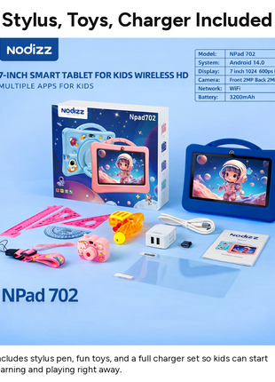 7-Inch Kids Android Tablet 2-in-1 Learning Device with Stylus, Stand Holder, Dual Camera, Wi-Fi, Bluetooth, 128GB Storage, Type-C Charging Navy