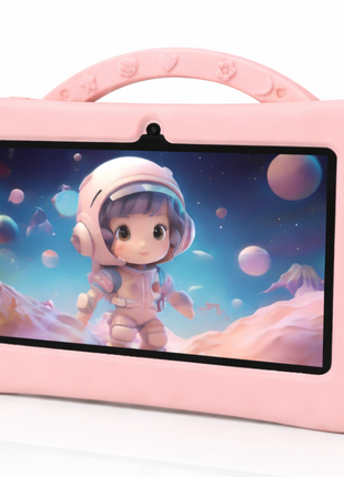 7-Inch Kids Android Tablet 2-in-1 Learning Device with Stylus, Stand Holder, Dual Camera, Wi-Fi, Bluetooth, 128GB Storage, Type-C Charging Pink