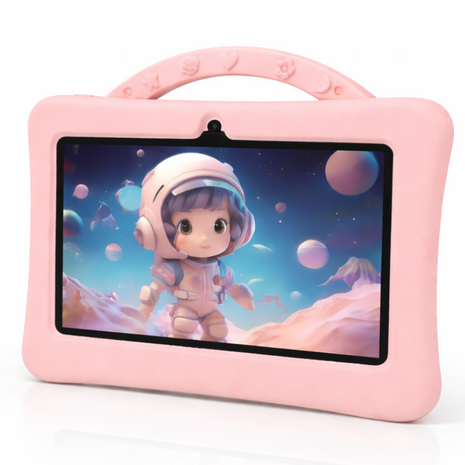 7-Inch Kids Android Tablet 2-in-1 Learning Device with Stylus, Stand Holder, Dual Camera, Wi-Fi, Bluetooth, 128GB Storage, Type-C Charging Pink