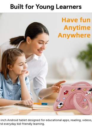 7-Inch Kids Android Tablet 2-in-1 Learning Device with Stylus, Stand Holder, Dual Camera, Wi-Fi, Bluetooth, 128GB Storage, Type-C Charging Pink