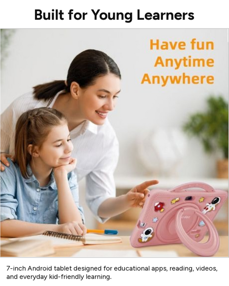 7-Inch Kids Android Tablet 2-in-1 Learning Device with Stylus, Stand Holder, Dual Camera, Wi-Fi, Bluetooth, 128GB Storage, Type-C Charging Pink