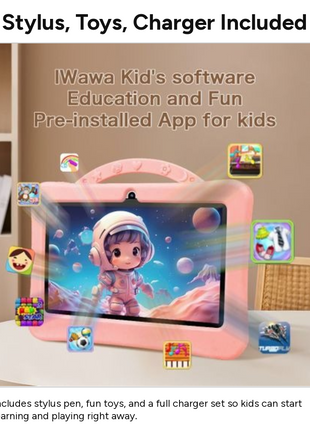 7-Inch Kids Android Tablet 2-in-1 Learning Device with Stylus, Stand Holder, Dual Camera, Wi-Fi, Bluetooth, 128GB Storage, Type-C Charging Pink
