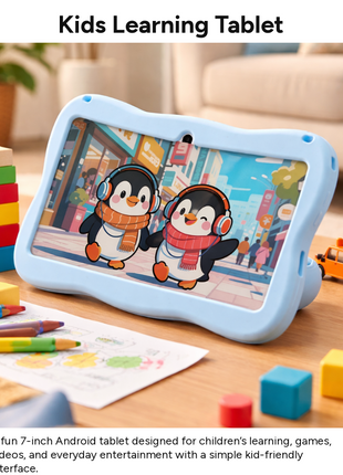 7" Kids Android Tablet 1024×600 IPS HD 6GB RAM 128GB ROM WiFi Bluetooth USB-C with Shockproof Silicone Case, Stylus, Holder & Toy Skateboard