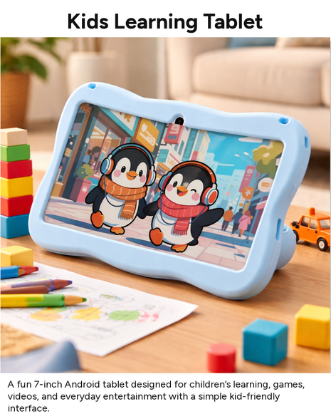 7" Kids Android Tablet 1024×600 IPS HD 6GB RAM 128GB ROM WiFi Bluetooth USB-C with Shockproof Silicone Case, Stylus, Holder & Toy Skateboard