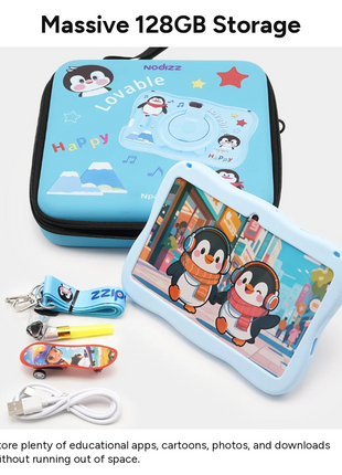 7" Kids Android Tablet 1024×600 IPS HD 6GB RAM 128GB ROM WiFi Bluetooth USB-C with Shockproof Silicone Case, Stylus, Holder & Toy Skateboard