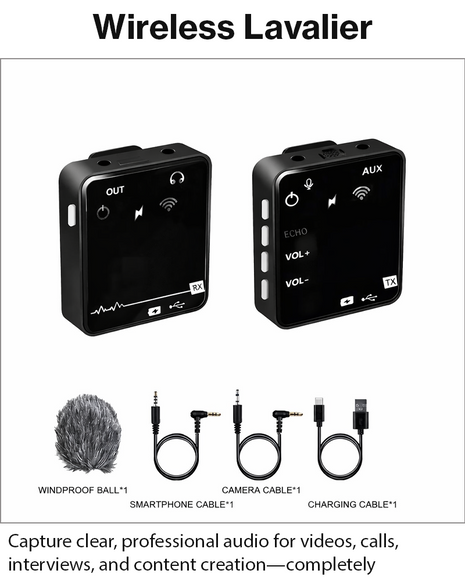Wireless Clip-On Microphone Kit 2.4 GHz for Streaming
