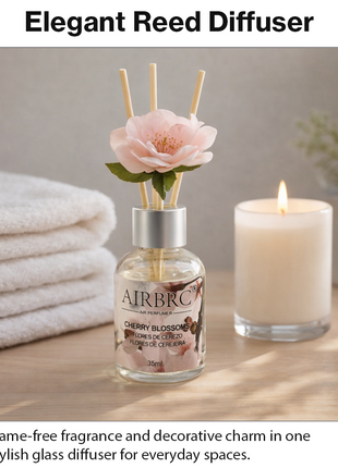 Diffuser Set 35 ml with Decorative Flower, Flame-Free Home Fragrance for Bedroom Bathroom Office- Cherry Blossom