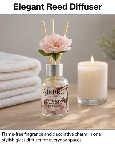 Diffuser Set 35 ml with Decorative Flower, Flame-Free Home Fragrance for Bedroom Bathroom Office- Cherry Blossom