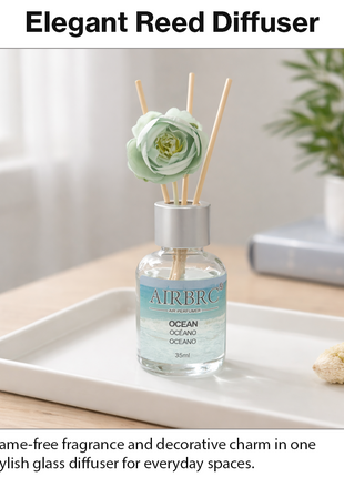 Diffuser Set 35 ml with Decorative Flower, Flame-Free Home Fragrance for Bedroom Bathroom Office - Ocean