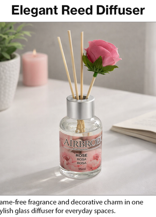 Diffuser Set 35 ml with Decorative Flower, Flame-Free Home Fragrance for Bedroom Bathroom Office- Rose