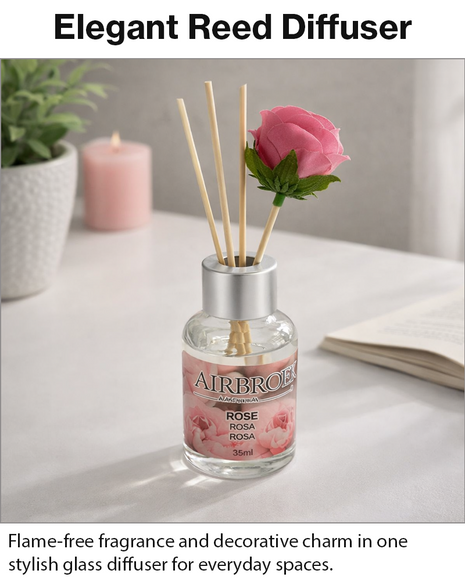 Diffuser Set 35 ml with Decorative Flower, Flame-Free Home Fragrance for Bedroom Bathroom Office- Rose