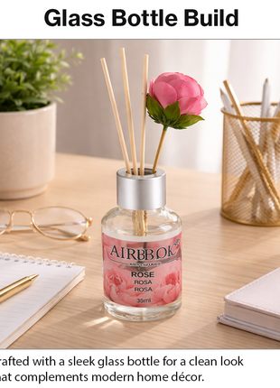 Diffuser Set 35 ml with Decorative Flower, Flame-Free Home Fragrance for Bedroom Bathroom Office- Rose