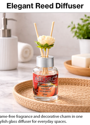 Diffuser Set 35 ml with Decorative Flower, Flame-Free Home Fragrance for Bedroom Bathroom Office- Strawberry