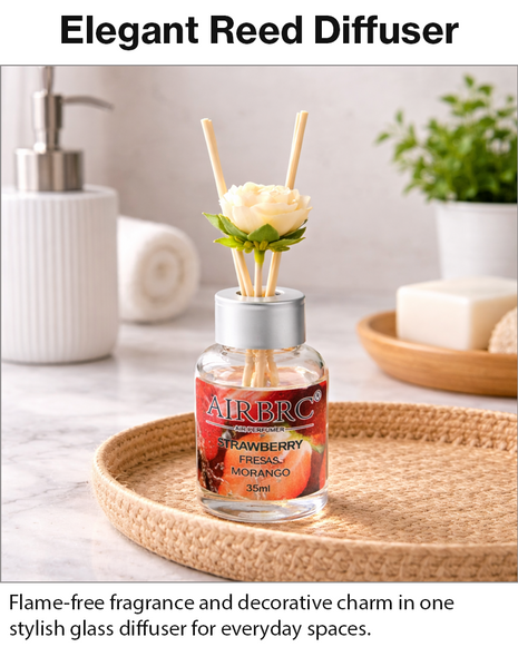 Diffuser Set 35 ml with Decorative Flower, Flame-Free Home Fragrance for Bedroom Bathroom Office- Strawberry