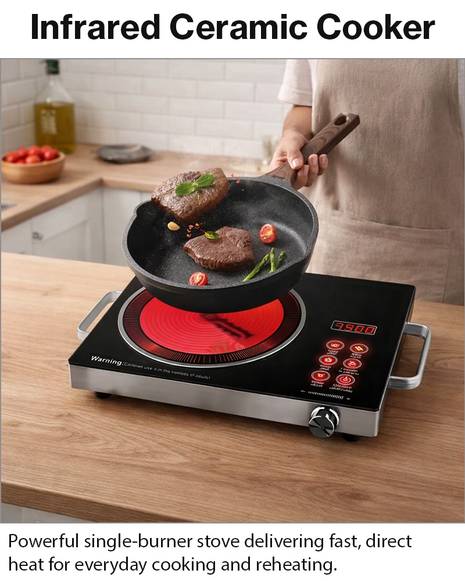 Single Burner Infrared Ceramic Cooker 3500W 220V Black Glass-Ceramic Panel Silver Metal Body