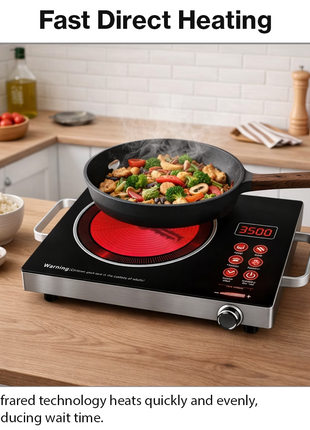 Single Burner Infrared Ceramic Cooker 3500W 220V Black Glass-Ceramic Panel Silver Metal Body