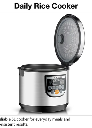 Multifunctional Rice Cooker 5L 900W Non-Stick Inner Pot with LED Display & 24-Hour Timer – Stainless Steel
