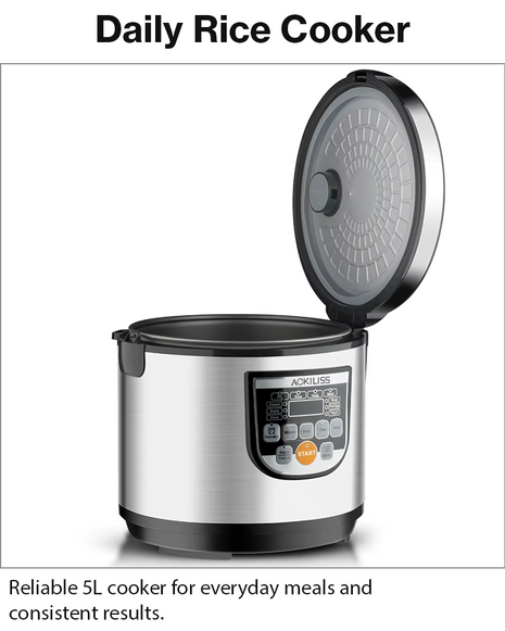 Multifunctional Rice Cooker 5L 900W Non-Stick Inner Pot with LED Display & 24-Hour Timer – Stainless Steel