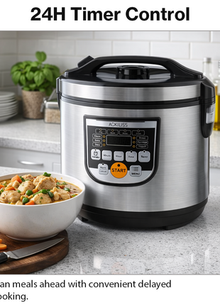 Multifunctional Rice Cooker 5L 900W Non-Stick Inner Pot with LED Display & 24-Hour Timer – Stainless Steel