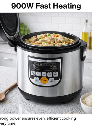 Multifunctional Rice Cooker 5L 900W Non-Stick Inner Pot with LED Display & 24-Hour Timer – Stainless Steel