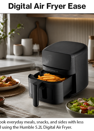 Humble 5.2L Air Fryer with Visible Window – Large Capacity, Black – Oil-Free Cooking with Adjustable Time & Temp, Easy to Clean, Family-Sized Electric Airfryer