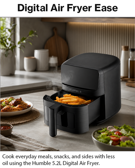 Humble 5.2L Air Fryer with Visible Window – Large Capacity, Black – Oil-Free Cooking with Adjustable Time & Temp, Easy to Clean, Family-Sized Electric Airfryer