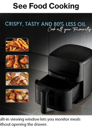 Humble 5.2L Air Fryer with Visible Window – Large Capacity, Black – Oil-Free Cooking with Adjustable Time & Temp, Easy to Clean, Family-Sized Electric Airfryer