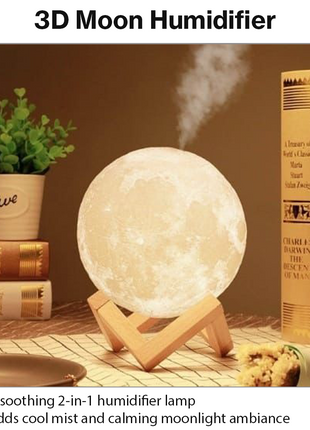 3D Moon Humidifier Lamp 880 mL USB Quiet Cool Mist Diffuser with LED Night Light, 2 Mist Levels, DC 5V 2W