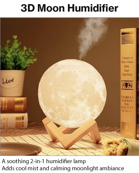 3D Moon Humidifier Lamp 880 mL USB Quiet Cool Mist Diffuser with LED Night Light, 2 Mist Levels, DC 5V 2W