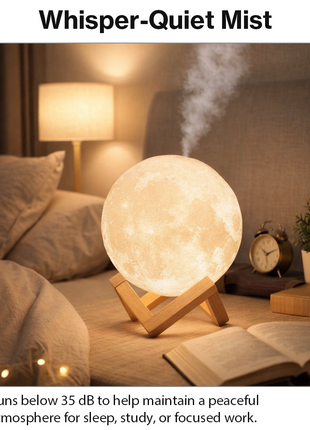 3D Moon Humidifier Lamp 880 mL USB Quiet Cool Mist Diffuser with LED Night Light, 2 Mist Levels, DC 5V 2W