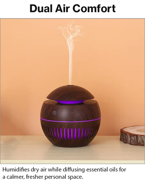 Mini USB Ultrasonic Humidifier & Essential Oil Diffuser with LED Wood Grain Design- Pattern