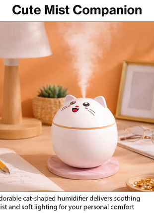 Cat Shape Mini Humidifier with RGB Night Light, USB-C Rechargeable Cool Mist Aroma Diffuser, 20 dB Quiet, Auto Shut-Off, 100×70×100 mm