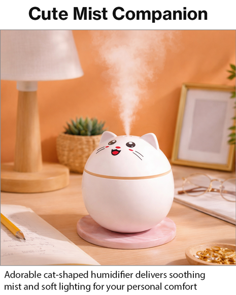 Cat Shape Mini Humidifier with RGB Night Light, USB-C Rechargeable Cool Mist Aroma Diffuser, 20 dB Quiet, Auto Shut-Off, 100×70×100 mm
